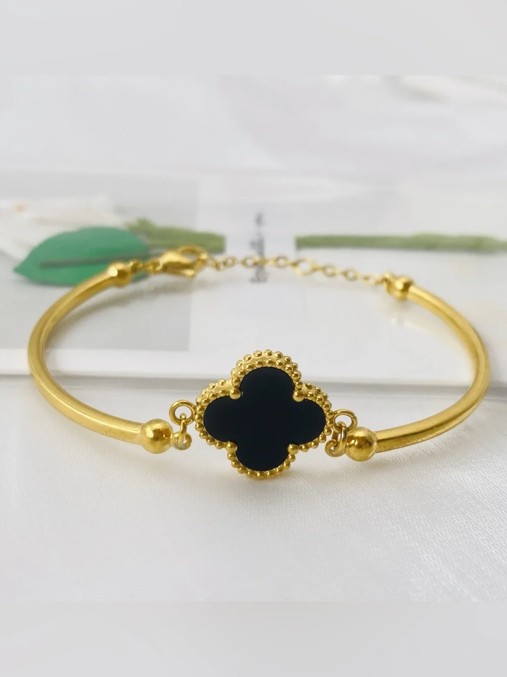 Gold Bracelet with Black Clover Pendant - Women Jewelry
